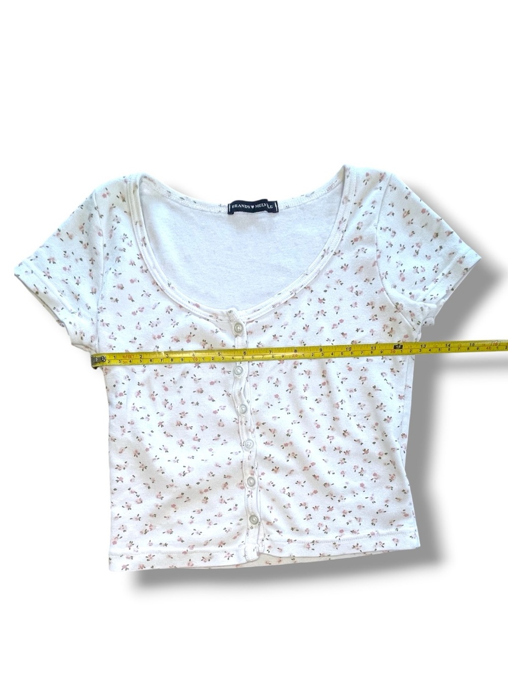 Brandy Melville White Pink Floral Ribbed Henley Baby Tee Crop Top 90s button up - Picture 5 of 11
